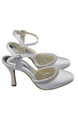 Ankle Strap Beading High Heel White Comfy Satin Shoes JS0001