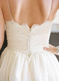 Wedding Dresses A-Line Spaghetti Straps With Lace And Pleated Bodice Satin