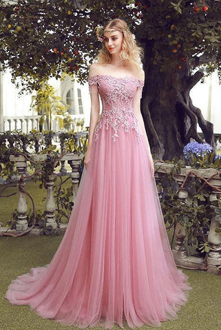 Elegant A-Line Off-the-Shoulder Lace Up Long Pink Lace Tulle Prom Dresses with Beads JS320