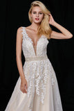 Elegant A-Line Tulle V-Neck V-Back Appliques Beads Ivory Cheap Prom Dresses JS496