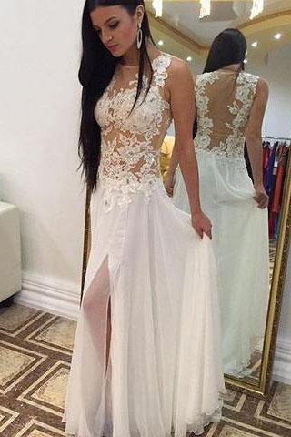 Sexy A-line Crew Floor-Length Chiffon Sleeveless Beaded Appliques White Prom Dresses JS661