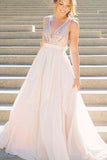 A Line Pink V Neck Sequins Simple Long Cheap Chiffon Backless Sleeveless Prom Dresses JS616