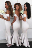 Mermaid Off the Shoulder Sweetheart Ivory Satin Open Back Ruffles Bridesmaid Dresses JS756