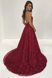 Sexy Lace Deep V Neck Side Slit A Line Long Backless Halter Burgundy Prom Dresses JS899