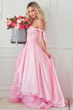 A-Line Pink Off the Shoulder Sweetheart Satin Lace up Hi-Lo Prom Homecoming Dresses JS515