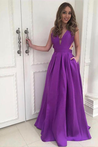 A Line Satin Floor Length Cheap V Neck Open Back with Pockets Long Prom Dresses JS60