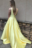 Princess A Line Deep V Neck Yellow Long Satin Backless Evening Dresses Prom Dresses JS962