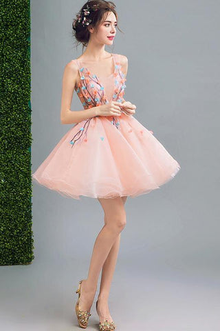 A Line Orange Cheap Ball Gown Spaghetti Straps Above Knee Flowers Homecoming Dresses JS959