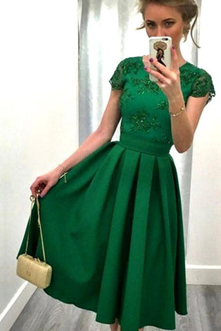 Casual A-line Scoop Satin Appliques Lace Knee-length Backless Short Sleeve Prom Dresses JS501