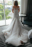 Sheath Off the Shoulder Court Train Ivory Tulle Wedding Dresses with Lace Appliques JS203