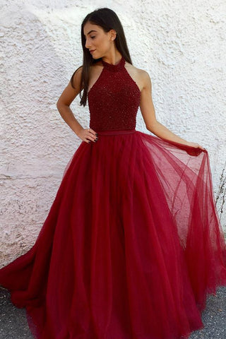 A Line Halter Tulle Burgundy Beads Sleeveless Long Party Dresses Prom Dresses JS75