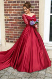 Long Sleeves Off the Shoulder Burgundy Sweetheart Satin Lace Ball Gown Prom Dresses UK JS435