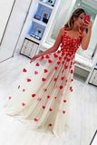 Stylish A Line Tulle Sweetheart Spaghetti Straps Red Flowers Sleeveless Prom Dress JS811