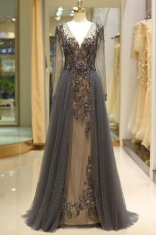 Elegant A Line V Neck Long Sleeves Tulle Grey Prom Dresses with Beading JS85