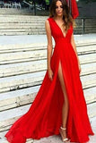 Elegant Red Split V-Neck A-Line Chiffon Sexy Floor-Length Prom Dresses JS506