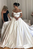 Simple Princess Ivory Ball Gown Sweetheart Satin Off the Shoulder Wedding Dresses