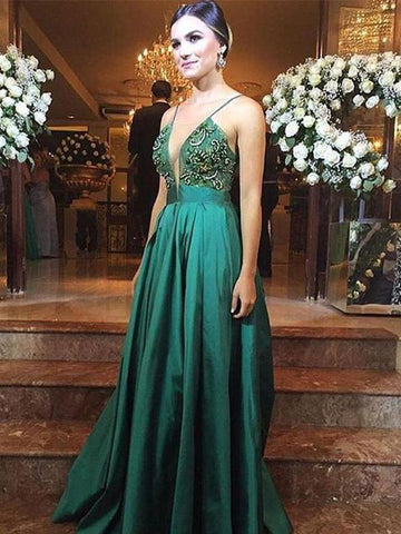 Luxury green satins deep V-neck sequins applique A-line long dress evening dresses