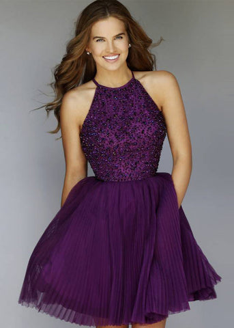 Purple Short Halter Neck Backless Beads Tulle Juniors Mini Sweet 16 Homecoming Dress JS433