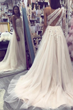 A line Tulle One Shoulder Prom Dresses with Sleeves 3D Flowers Evening Dress JS523