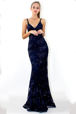 Mermaid Deep V Neck Royal Blue Lace Appliques Backless Spaghetti Straps Prom Dresses JS893