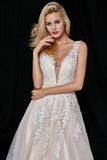 Elegant A-Line Tulle V-Neck V-Back Appliques Beads Ivory Cheap Prom Dresses JS496