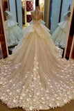 Lace Appliqued And Flowers Chapel Train Pretty Ball Gown Wedding Dresses JS564