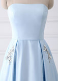 A-Line Blue Simple Satin Strapless Beaded Pockets Lace Up Back Long Sleeveless Prom Dresses UK JS309