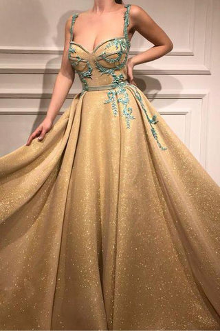 A Line Spaghetti Straps Sweetheart Gold Rhinestone Sparkly Appliques Prom Dresses JS890