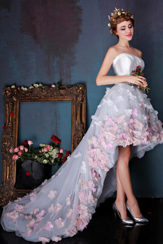 Charming Sweetheart Flowers Strapless Tulle Asymmetry Prom Dresses Wedding Dresses JS259