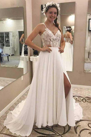 A Line V Neck Open Back Chiffon Ivory Lace Long Lace up Wedding Dresses with Appliques JS968