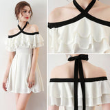 Chic Halter A Line Simple White Off the Shoulder Chiffon Cheap Short Homecoming Dress JS751