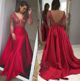 Elegant Mermaid Long Red Long Sleeve Beading V Neck Lace Satin Backless Prom Dresses JS851