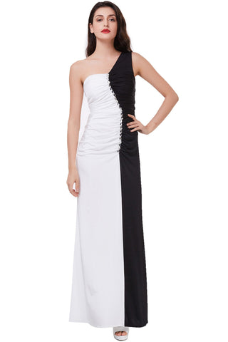 Mermaid Long Black and White Floor Length One Shoulder Beads Ruffles Prom Dresses JS265