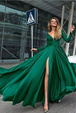 Flowy Long Sleeve V Neck Chiffon Long Formal Dresses with High Slit Backless Prom Dress