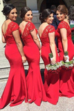 Red Button Backless Mermaid Cap Sleeves V-neck Long Lace Bridesmaid Dresses