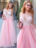 Pink Tulle Scoop Neck Princess Sweetheart Floor-length with Appliques Lace Prom Dresses JS807