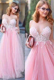 Pink Tulle Scoop Neck Princess Sweetheart Floor-length with Appliques Lace Prom Dresses JS807