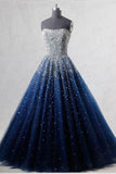 A Line Blue Tulle Long Prom Dresses UK Bling Bling Quinceanera Dresses