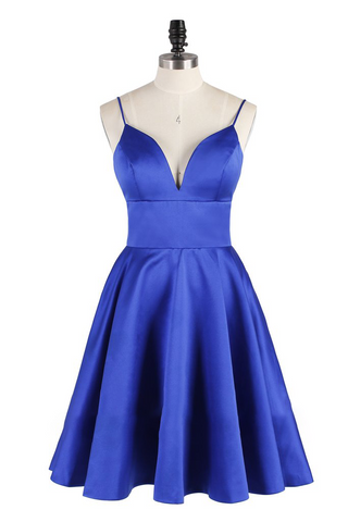 A Line Spaghetti Straps Royal Blue V Neck Backless Satin Knee Length Homecoming Dresses JS838