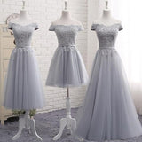 Cute A line Gray Lace Off Shoulder Lace-up Prom Dress with Appliques Graduation Dresses JS105