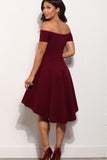 Short A Line Burgundy Off the Shoulder High Low Knee Length Satin Homecoming Dresses JS644