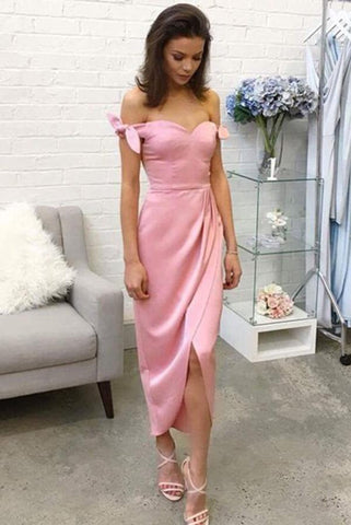 A-Line Sheath Pink Off-the-shoulder Silk-like Satin Tea-length Bow Prom Dresses UK JS487