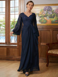 Ally A-Line/Princess Chiffon Applique V-neck Long Sleeves Floor-Length Mother of the Bride Dresses SJSP0020335