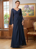 Ally A-Line/Princess Chiffon Applique V-neck Long Sleeves Floor-Length Mother of the Bride Dresses SJSP0020335