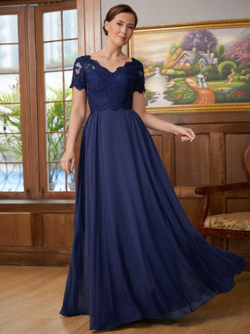 Paityn A-Line/Princess Chiffon Lace V-neck Short Sleeves Floor-Length Mother of the Bride Dresses SJSP0020311