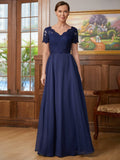 Paityn A-Line/Princess Chiffon Lace V-neck Short Sleeves Floor-Length Mother of the Bride Dresses SJSP0020311