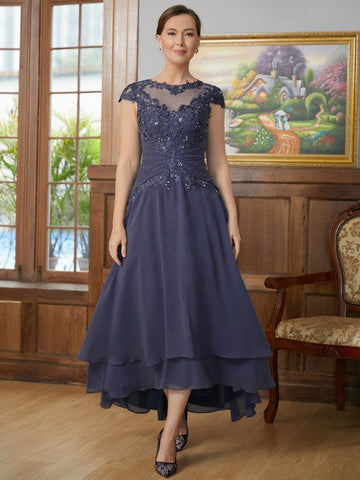 Giada A-Line/Princess Chiffon Applique Scoop Short Sleeves Asymmetrical Mother of the Bride Dresses SJSP0020307