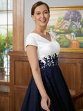 Madisyn A-Line/Princess Chiffon Applique V-neck Short Sleeves Tea-Length Mother of the Bride Dresses SJSP0020349