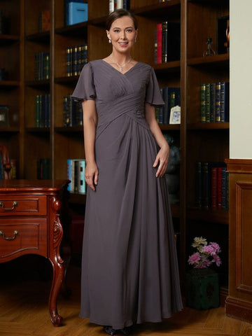 Heidi A-Line/Princess Chiffon Ruched V-neck Short Sleeves Floor-Length Mother of the Bride Dresses SJSP0020304