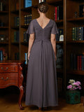 Heidi A-Line/Princess Chiffon Ruched V-neck Short Sleeves Floor-Length Mother of the Bride Dresses SJSP0020304